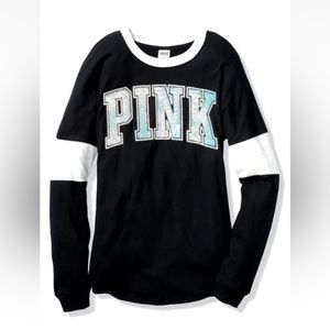 PINK Victoria’s Secret black long sleeve tee w/ silver sequin logo size small